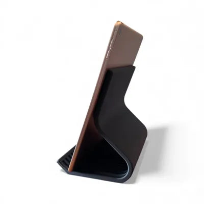 Ridge Tablet Stand holding a tablet in landscape on a desk