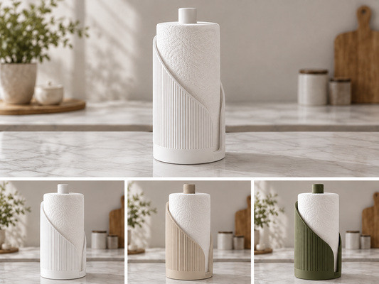 Fluted Paper Towel Holder on a kitchen bench with a paper towel roll fitted