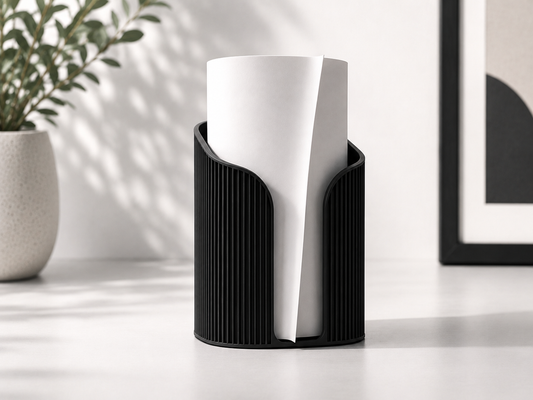 Fluted Paper Roll Holder on a kitchen bench with roll fitted inside