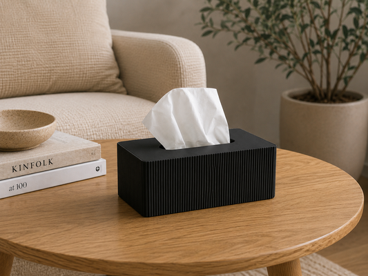 Fluted Tissue Box Cover styled in a living room — angled view