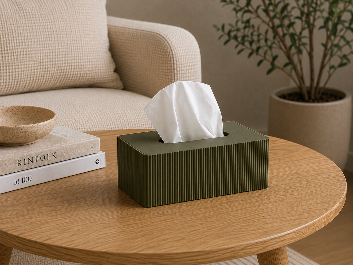 Fluted Tissue Box Cover lifted to show standard rectangular tissue box fit