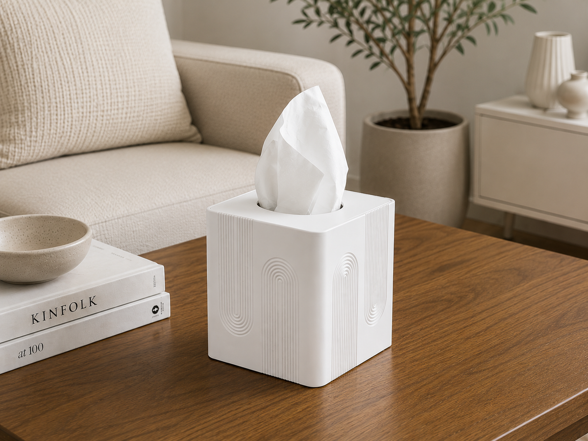Arch Tissue Box Cover lifted to show square cube tissue box fit