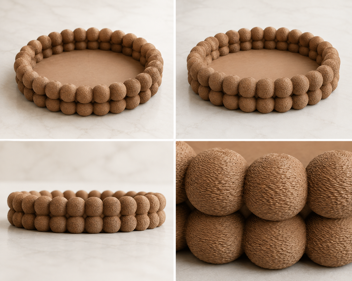Beaded Round Tray holding jewellery on a vanity