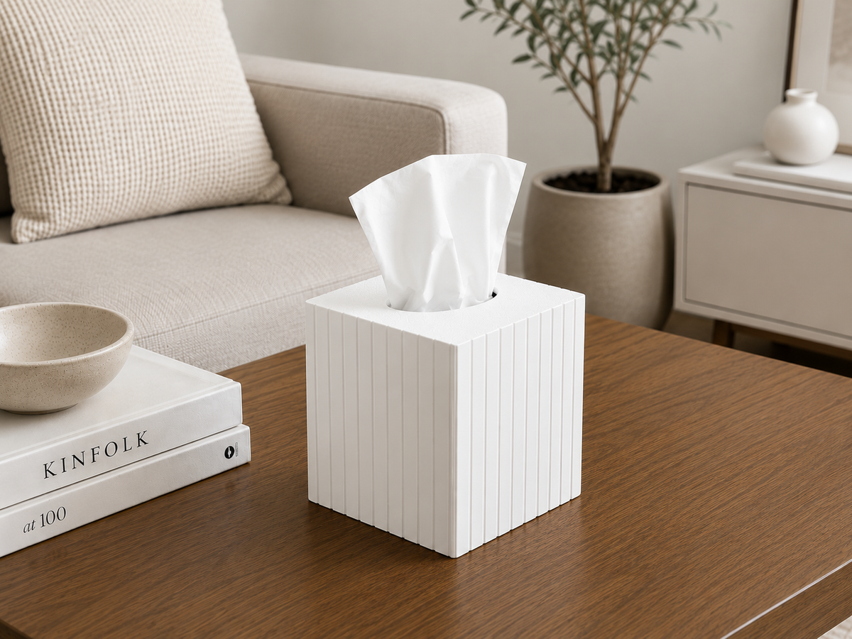 Fluted Square Tissue Box Cover vertical fluting on all four sides — close-up