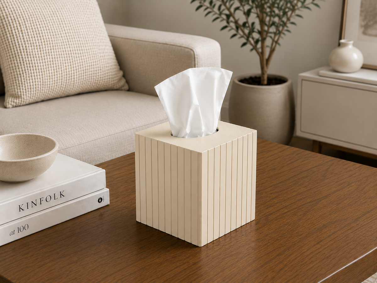 Fluted Square Tissue Box Cover lifted to show cube tissue box fit