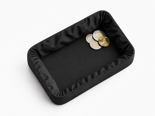 Ruched Valet Tray holding keys and coins on an entryway console
