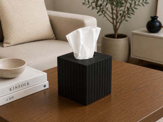 Fluted Square Tissue Box Cover styled on a bedside table