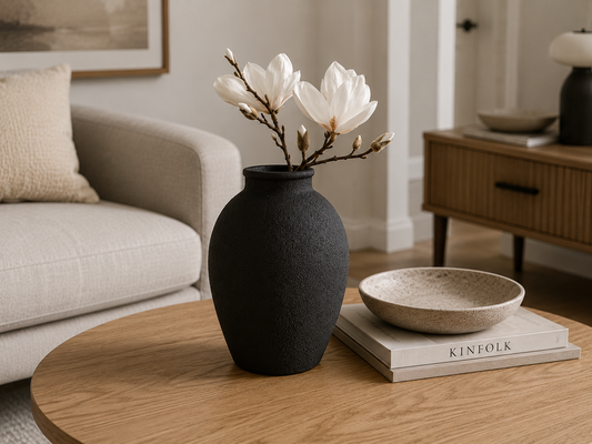 Dune Vase styled with dried stems on an entry table