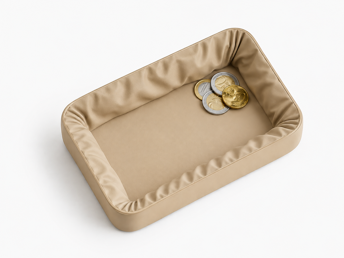 Ruched Valet Tray flat base and raised rim — angled view