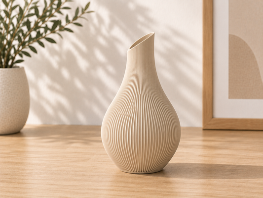 Fluted Teardrop Vase — fluted single-stem vase with tilted neck, made in Melbourne
