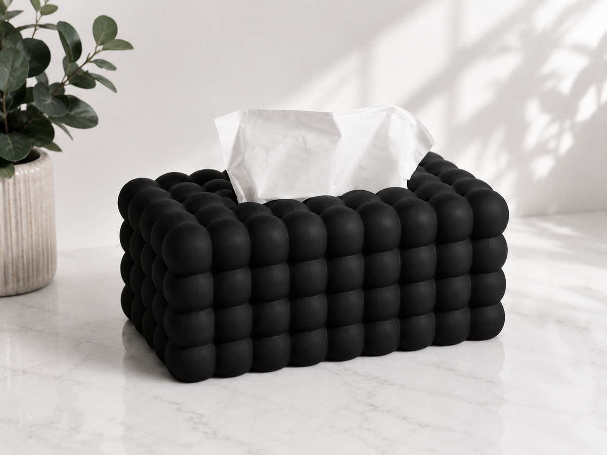 Bubble Tissue Box Cover styled on a bedside table