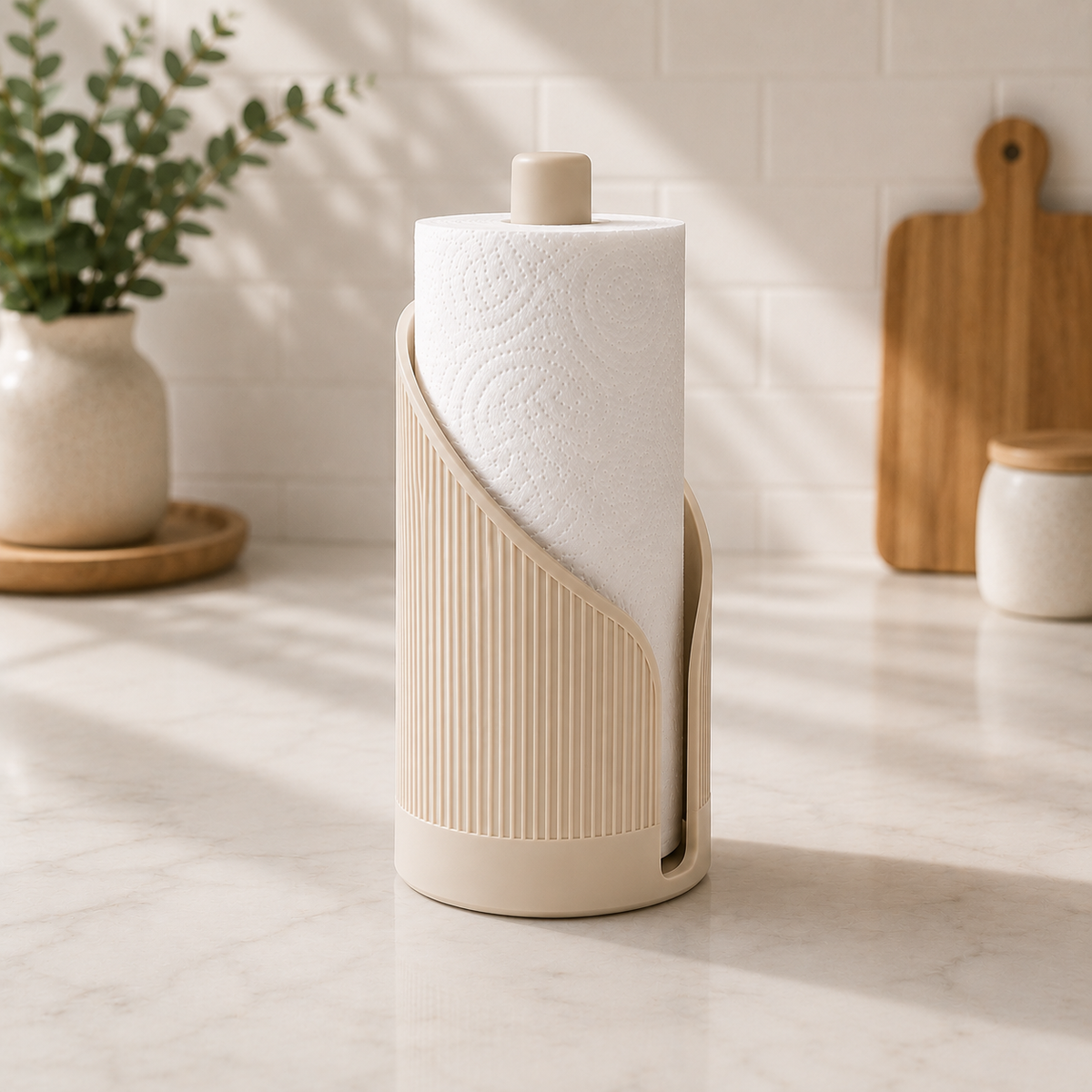 Fluted Paper Towel Holder shown in a styled kitchen setting