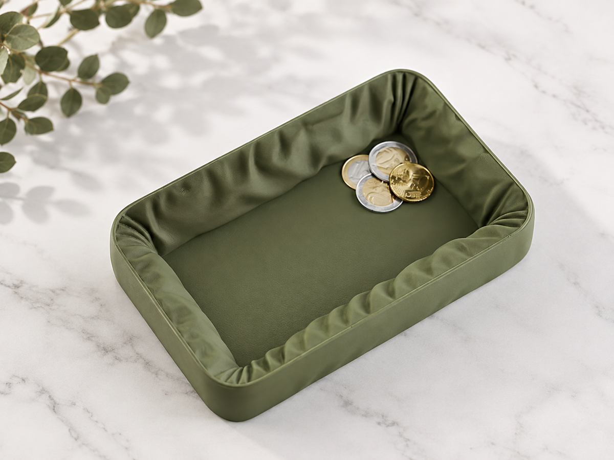 Ruched Valet Tray gathered fabric-look edge — close-up detail