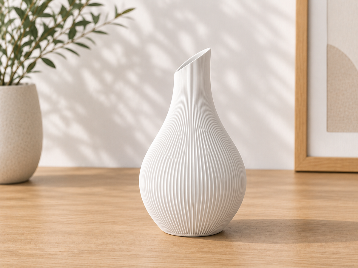 Fluted Teardrop Vase rounded silhouette on a bedside table