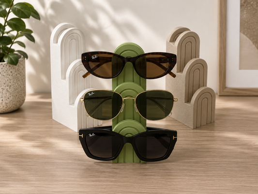 Arch Sunglasses Stand — fluted stacked-arch stand holding three pairs of sunglasses, made in Melbourne