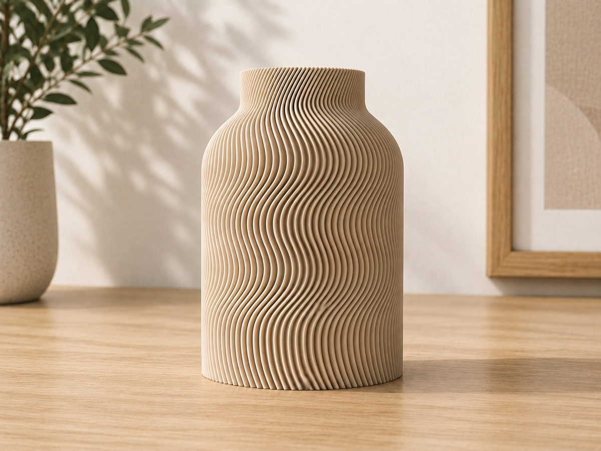 Wave Vase shown empty as a sculptural shelf accent