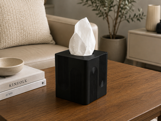 Arch Tissue Box Cover styled on a bathroom vanity