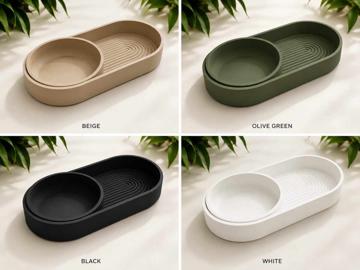 Sliding Zen Tray holding keys and rings on a desk