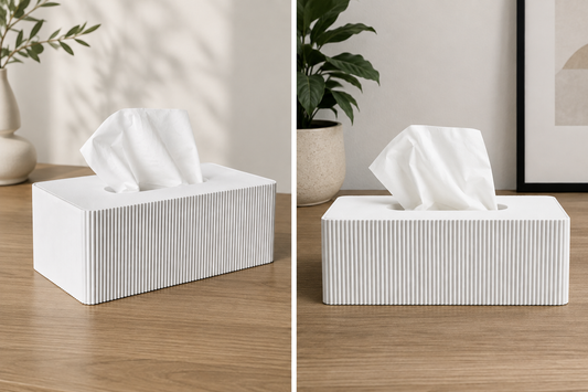Fluted Tissue Box Cover — rectangular tissue box cover with crisp vertical fluting, made in Melbourne